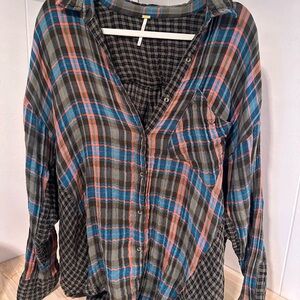 Free People Multicolor Plaid Button-Up Top